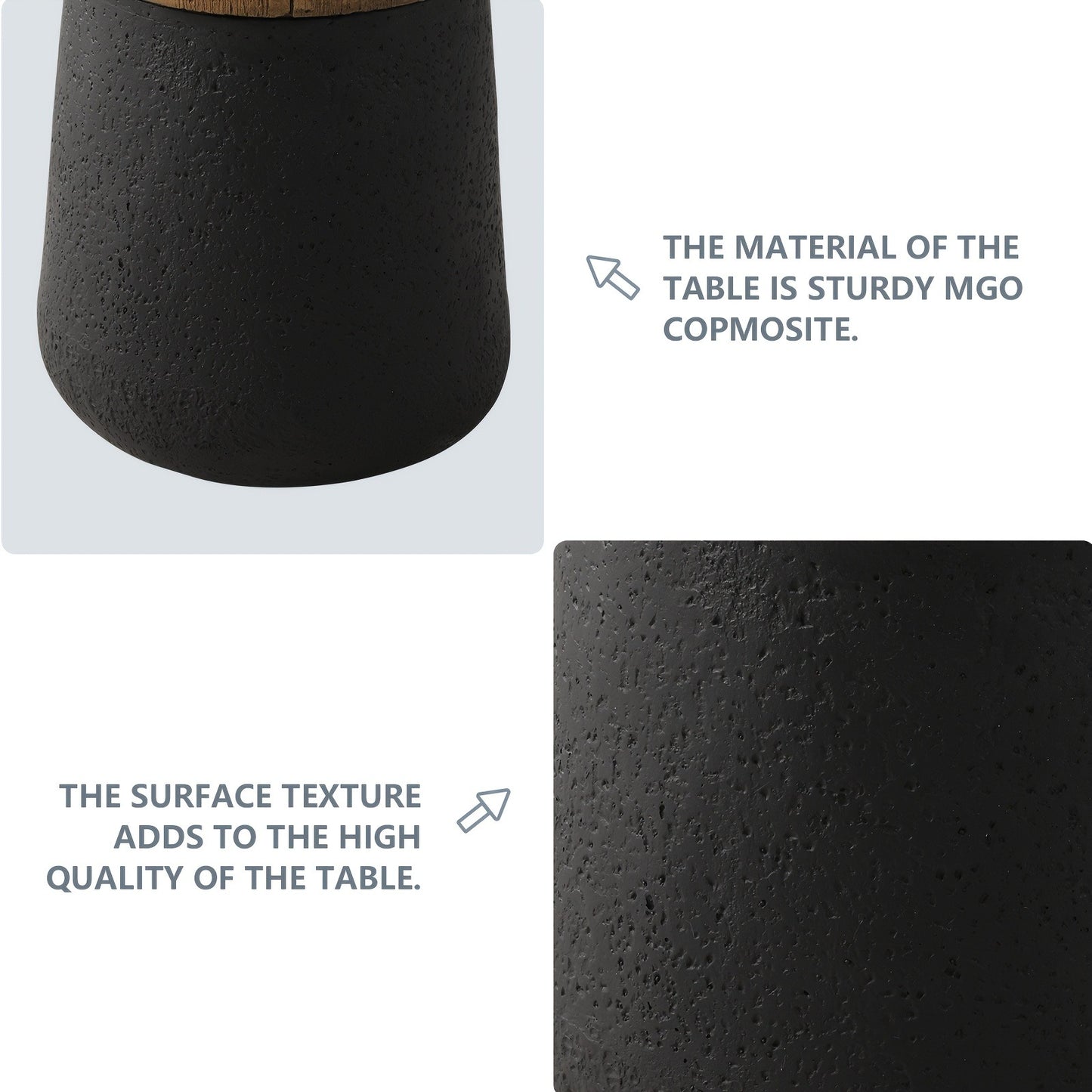 Outdoor Side Table 17in Concrete with Wood-Look Top, Accent End Table for Patio, Garden Stool for Living Room, Bedroom, Backyard Decor, Black & Hourglass Style