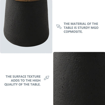 Outdoor Side Table 17in Concrete with Wood-Look Top, Accent End Table for Patio, Garden Stool for Living Room, Bedroom, Backyard Decor, Black & Hourglass Style