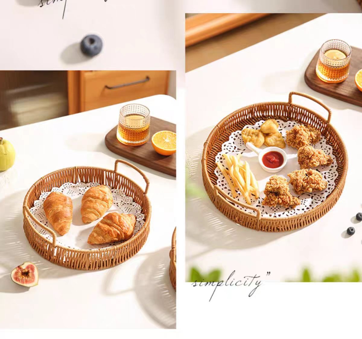 Woven Rattan Bread Basket Set of 3 Round Fruit Basket with Handles for Bread Fruit Vegetables Dim Sum Dining Table Catering Display Decor
