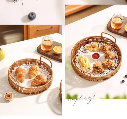 Woven Rattan Bread Basket Set of 3 Round Fruit Basket with Handles for Bread Fruit Vegetables Dim Sum Dining Table Catering Display Decor