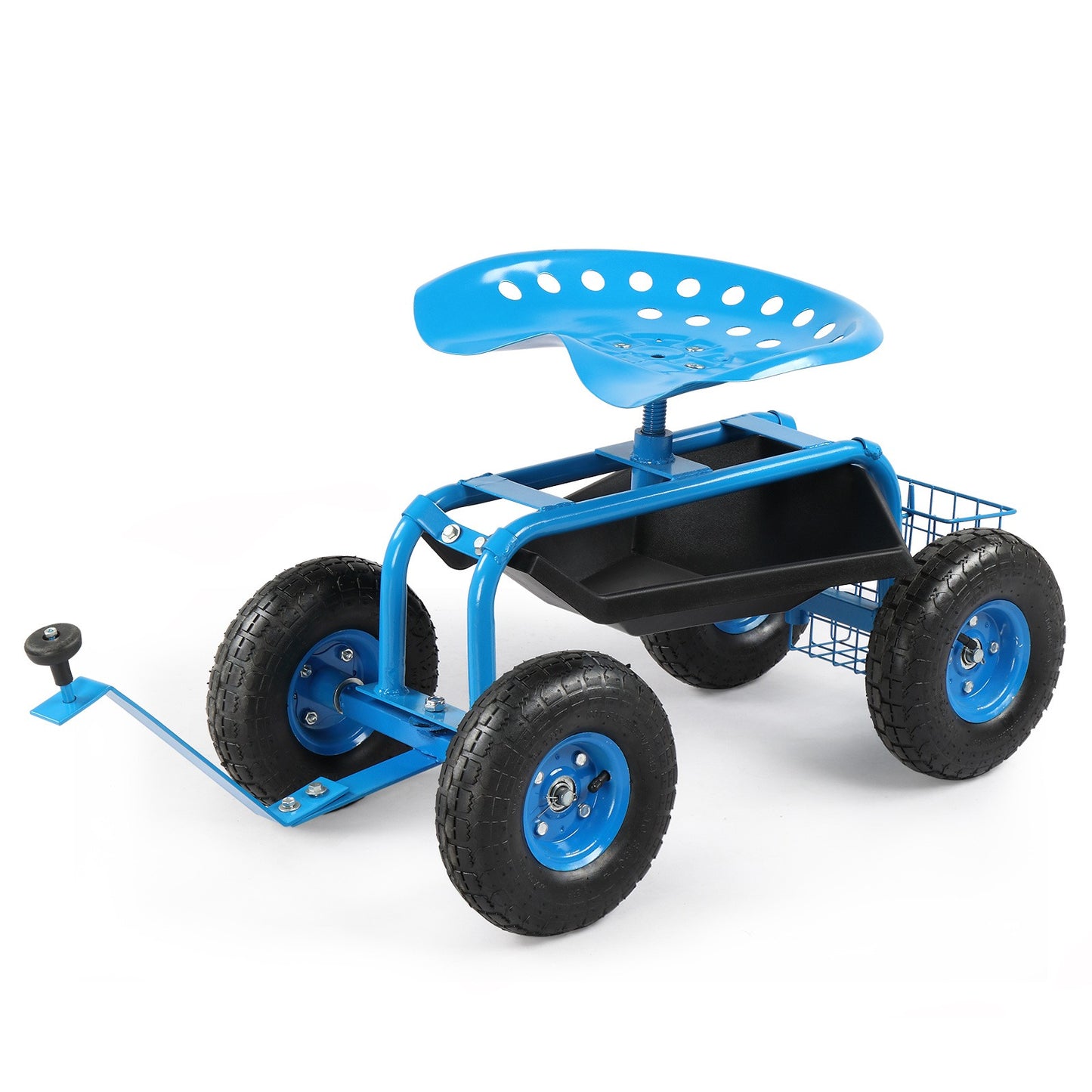 Rolling Garden Seat Cart | Backrest, Cushion, Telescopic Handle & Storage Basket, Steel Frame
