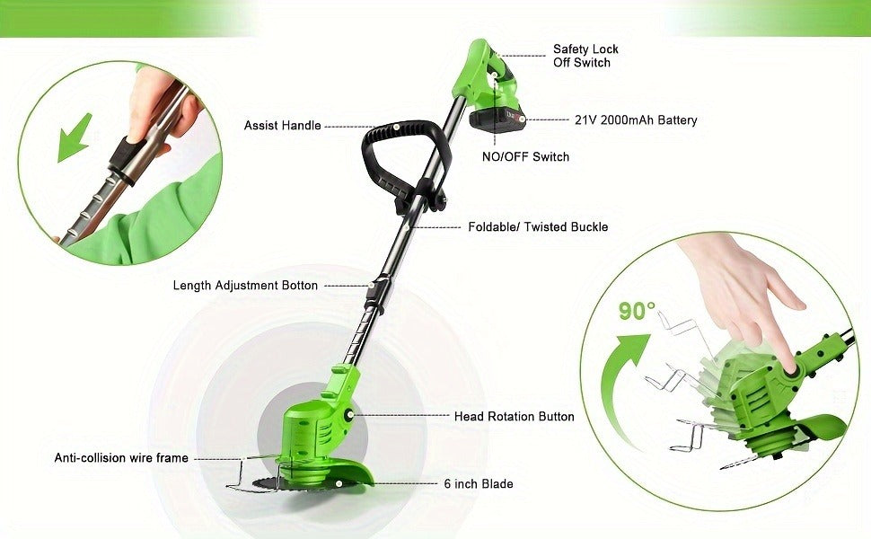 Cordless String Trimmer 24V 800W – Weed Wacker with 2 Batteries, Charger & 3 Blades, Adjustable Head, Brush Cutter & Lawn Edger