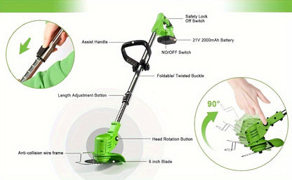Cordless String Trimmer 24V 800W – Weed Wacker with 2 Batteries, Charger & 3 Blades, Adjustable Head, Brush Cutter & Lawn Edger