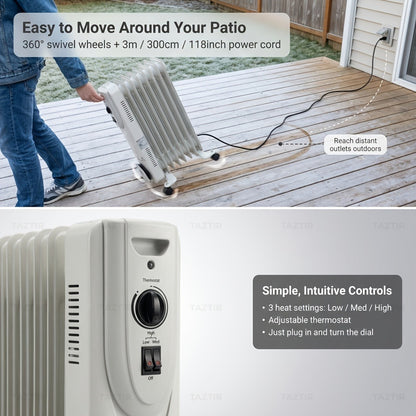 Oil Filled Radiator Heater 1500W Portable Electric Space Heater with 3 Heating Modes 600W/900W/1500W, Adjustable Thermostat, Overheat & Tip-Over Protection, Heavy-Duty Metal Housing with Casters