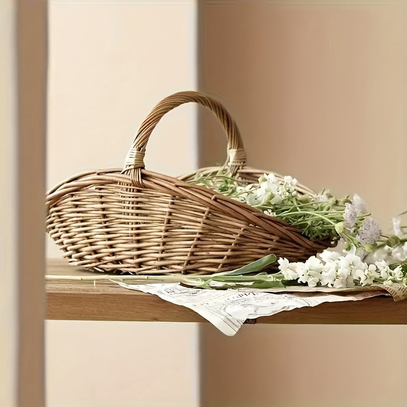 Natural Wicker Basket with Thick Walls – Handmade Farmhouse Storage Organizer for Flowers, Fruits & Vegetables, Rustic Indoor Outdoor Decor, 1 Piece