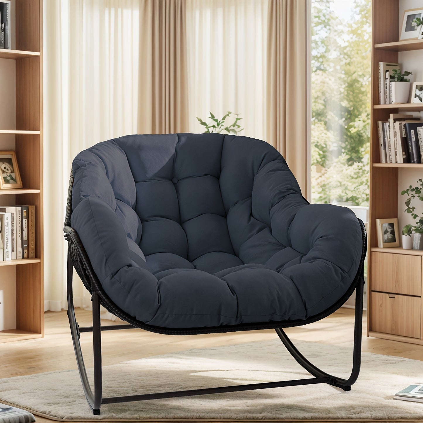 Papasan Rocking Chair Outdoor Wicker Egg Chair with Cushion & Pillow, Large Patio Rocker for Garden, Backyard & Porch, 8 Colors