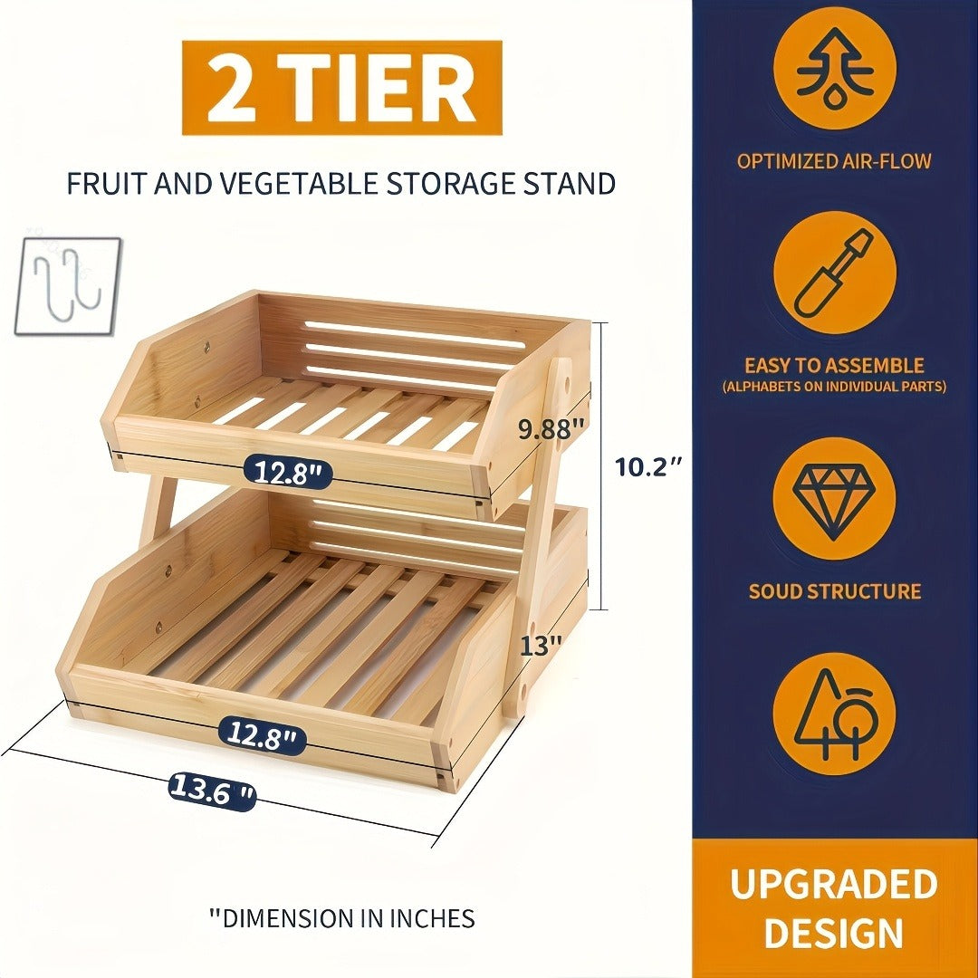Fruit Basket Stand 2 & 3 Tier Wooden Countertop Organizer Large Capacity Kitchen Storage for Fruits Vegetables Bread Produce with Banana Hooks Natural Wood