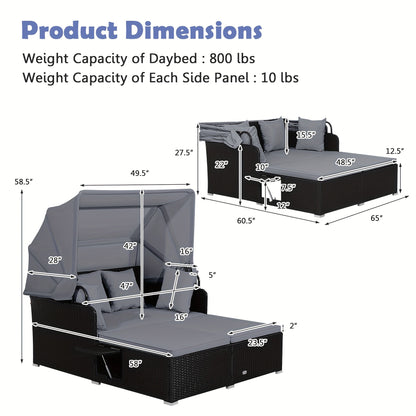 Outdoor Wicker Daybed with Retractable Canopy Side Tables Cushions PE Rattan Patio Lounge Bed Sun Lounger for Backyard Garden Pool
