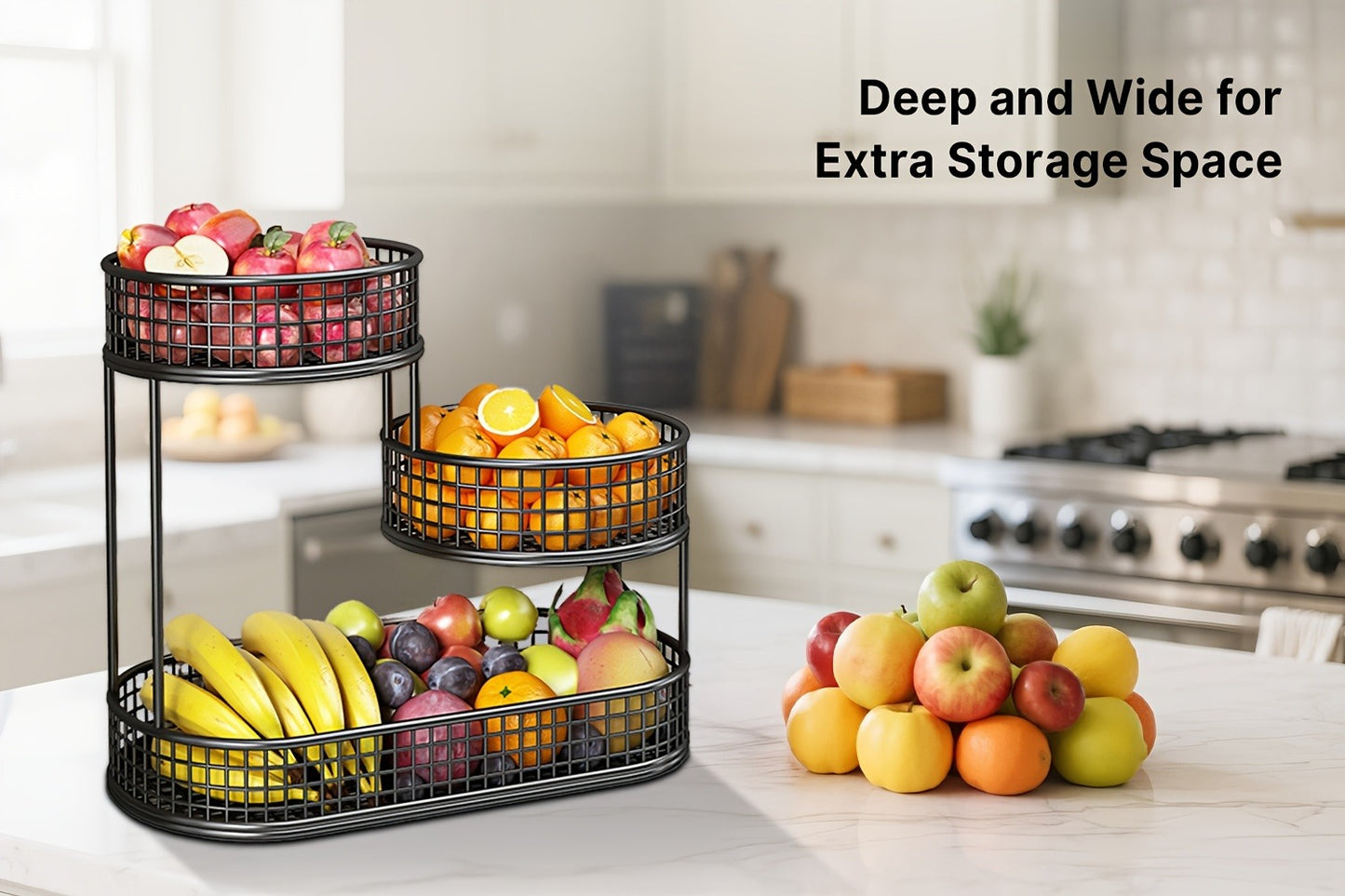 3-Tier Metal Fruit Basket Large Capacity Black Wire Rack | Kitchen Countertop Organizer for Fruits Vegetables Bread Snacks