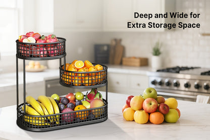 3-Tier Metal Fruit Basket Large Capacity Black Wire Rack | Kitchen Countertop Organizer for Fruits Vegetables Bread Snacks