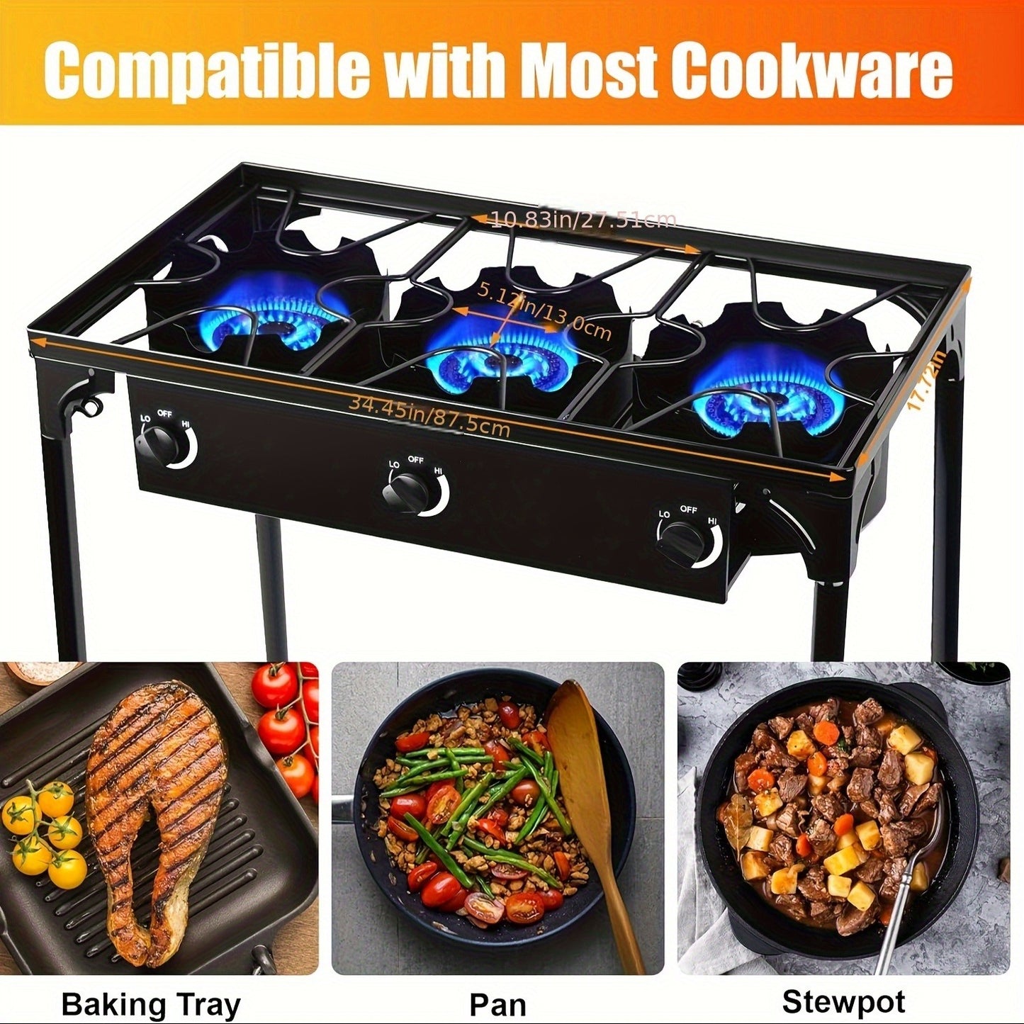 Propane Camp Stove 225000 BTU High-Pressure Burner Portable Outdoor Cooking Stove Detachable Legs Stainless Steel 1/2/3 Burner