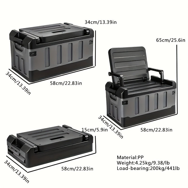 Folding Storage Box & Fishing Stool 2-in-1 – Large Capacity Portable Organizer with Backrest for Car Trunk, Outdoor Camping, Beach & Home Storage