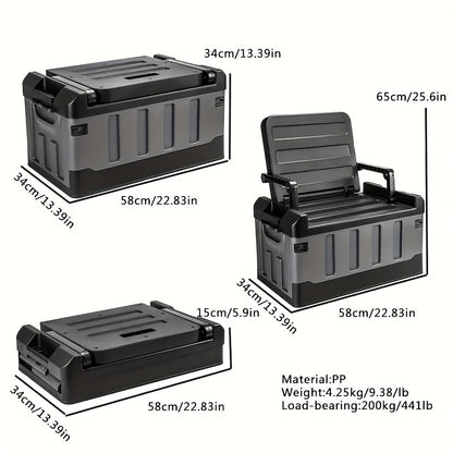 Folding Storage Box & Fishing Stool 2-in-1 – Large Capacity Portable Organizer with Backrest for Car Trunk, Outdoor Camping, Beach & Home Storage