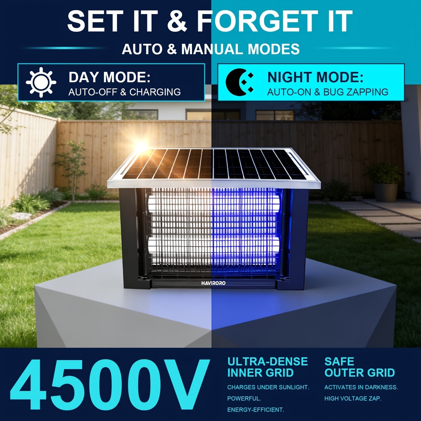 Solar Bug Zapper Outdoor 4500V | Mosquito Killer Wireless Portable | Fly Zapper Electric Trap with 10ft Cord | Bug Zapper for Patio Backyard Garden