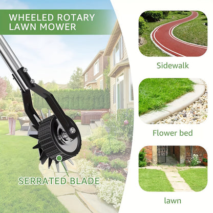 Wheeled Lawn Edger Manual Rotary Trimmer with 3/4-Section Stainless Steel Handle – Walk-Behind Grass Edger for Sidewalk, Driveway & Yard Weeding