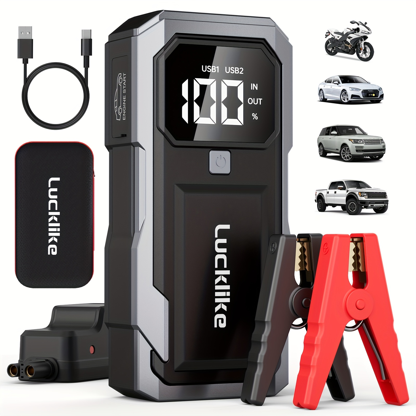Battery Jump Starter 5000A 3000A Peak for Gas Diesel Engines QC3.0 18W Fast Charge USB-C Recharge Digital Display LED Light Intelligent Clamps Power Bank
