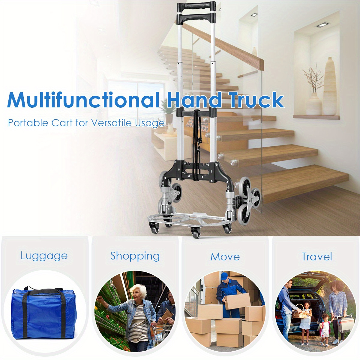 Stair Climbing Cart Folding Hand Truck 180 lbs Capacity, Aluminum Alloy Utility Dolly with Telescoping Handle, 3-Wheel Stair Climber & 4 Swivel Casters, Bungee Cord Included