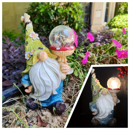 Solar Garden Gnome Statue with LED Magical Ball Light Outdoor Resin Dwarf Sculpture IP44 Waterproof Spring Yard Patio Decor Housewarming Gift