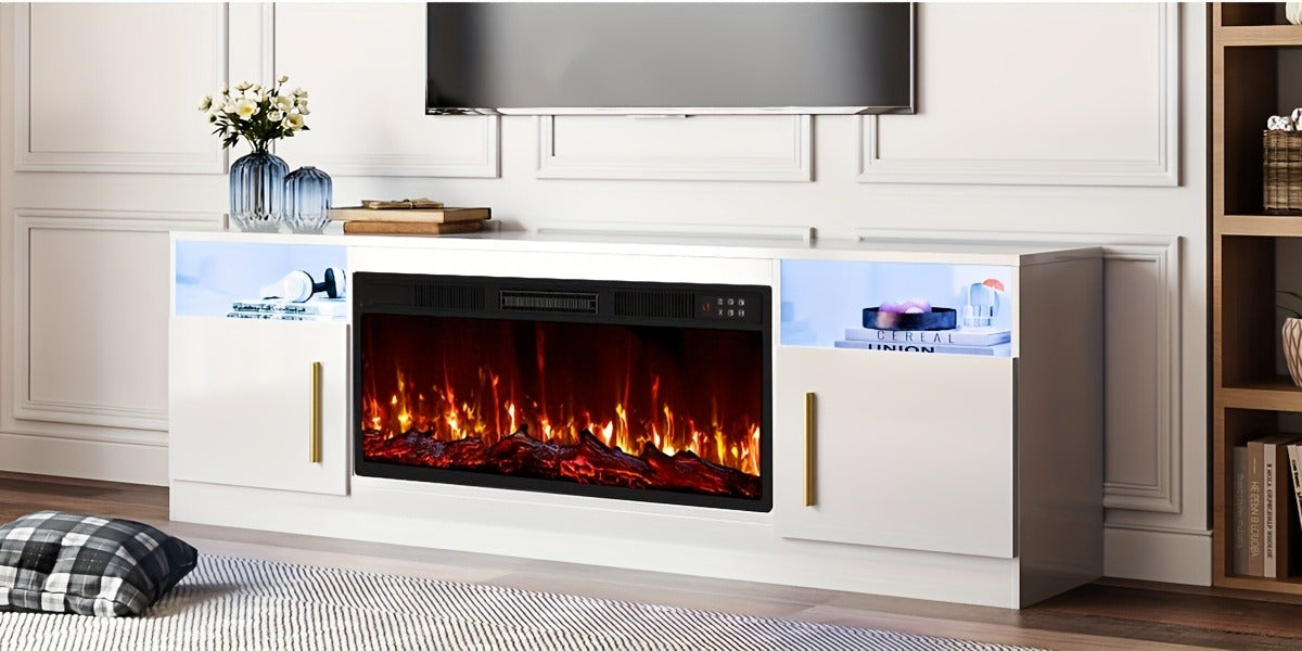 TV Stand with Fireplace 70 Inch for TVs up to 80" 36" Electric Fireplace LED Light Entertainment Center Highlight Storage Cabinet Modern Wood Media Console