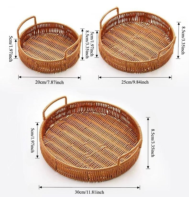 Woven Rattan Bread Basket Set of 3 Round Fruit Basket with Handles for Bread Fruit Vegetables Dim Sum Dining Table Catering Display Decor