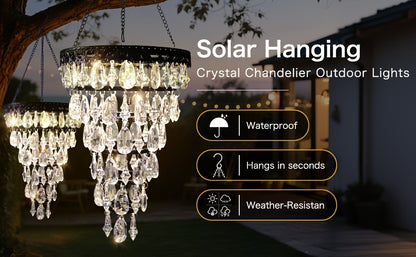 Solar Chandelier Outdoor Hanging Crystal Light 54 LED Warm White Waterproof Garden Yard Patio Gazebo Party Wedding Decor 6-Tier Oval Round