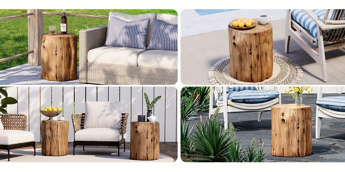 Tree Stump Side Table Outdoor Indoor | 220 Lbs Capacity Faux Wood Accent Table, All-Weather Magnesia, Plant Stand, Patio Stool & End Table for Porch Balcony Garden Living Room