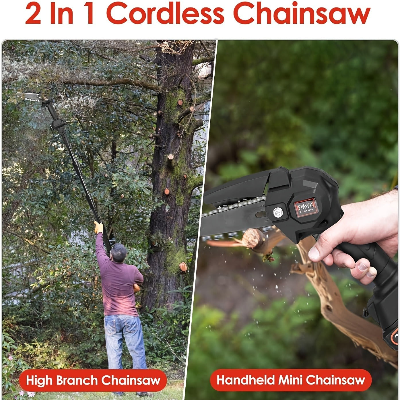 Tree Trimmer Pole Saw Cordless 2-in-1 with 4" & 6" Chains, 24V 1500mAh×2 Batteries, 3-Section Extendable to 71" & 90° Swivel Head for Branch Cutting
