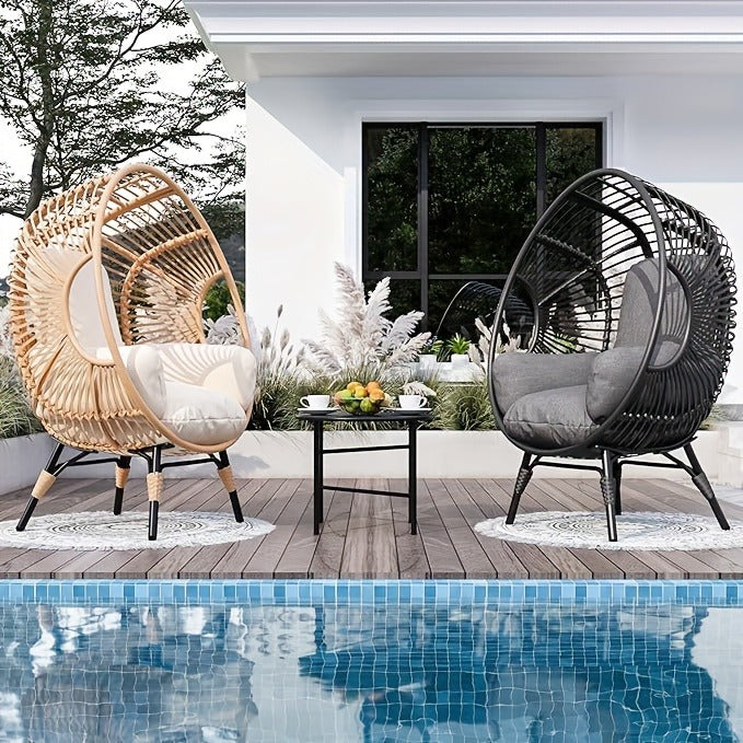 Egg Chair Outdoor Wicker Oversized Hanging Basket Chair with Stand & Cushion 500LBS Capacity UV-Resistant Rattan Style Patio Lounge Chair for Garden Backyard Balcony Porch Beige Black