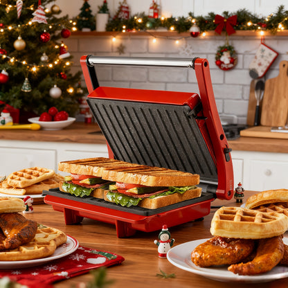 Sandwich Maker 3-in-1 Mini Indoor Grill & Panini Press – Non-Stick 180° Opening, Floating Hinge, 60-Min Timer, Temp Control & Grease Tray | Compact Electric Grill for Home & Dorm