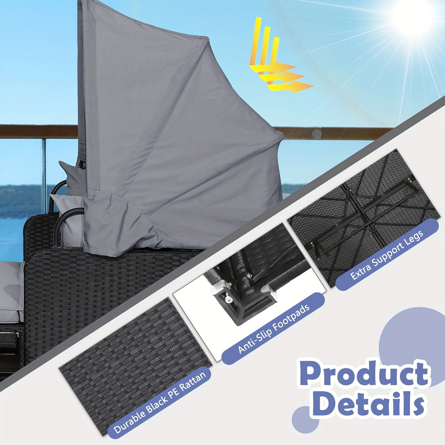 Outdoor Wicker Daybed with Retractable Canopy Side Tables Cushions PE Rattan Patio Lounge Bed Sun Lounger for Backyard Garden Pool