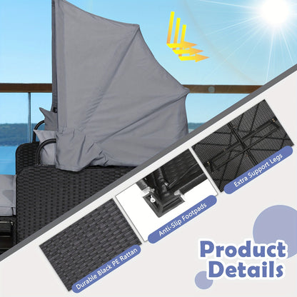 Outdoor Wicker Daybed with Retractable Canopy Side Tables Cushions PE Rattan Patio Lounge Bed Sun Lounger for Backyard Garden Pool