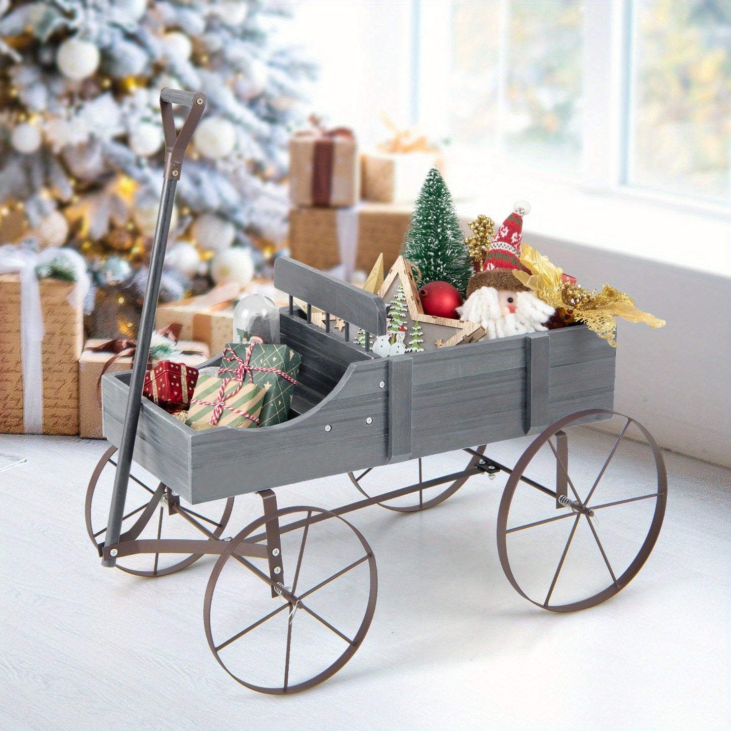 Wooden Flower Stand with 4 Wheels – Rolling Plant Trolley for Garden, Balcony & Terrace