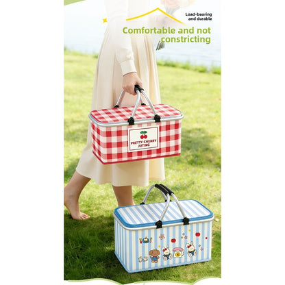 Insulated Picnic Box with Aluminum Frame – Collapsible Thermal Camping Storage Basket for Outdoor Picnic, BBQ, Travel & Camping with Cute Pattern Designs