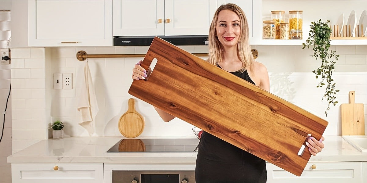Charcuterie Board Wood 36x11 Extra Long Serving Board with Handles & 2 Display Bases for Parties Wedding Camping Easter Gifts