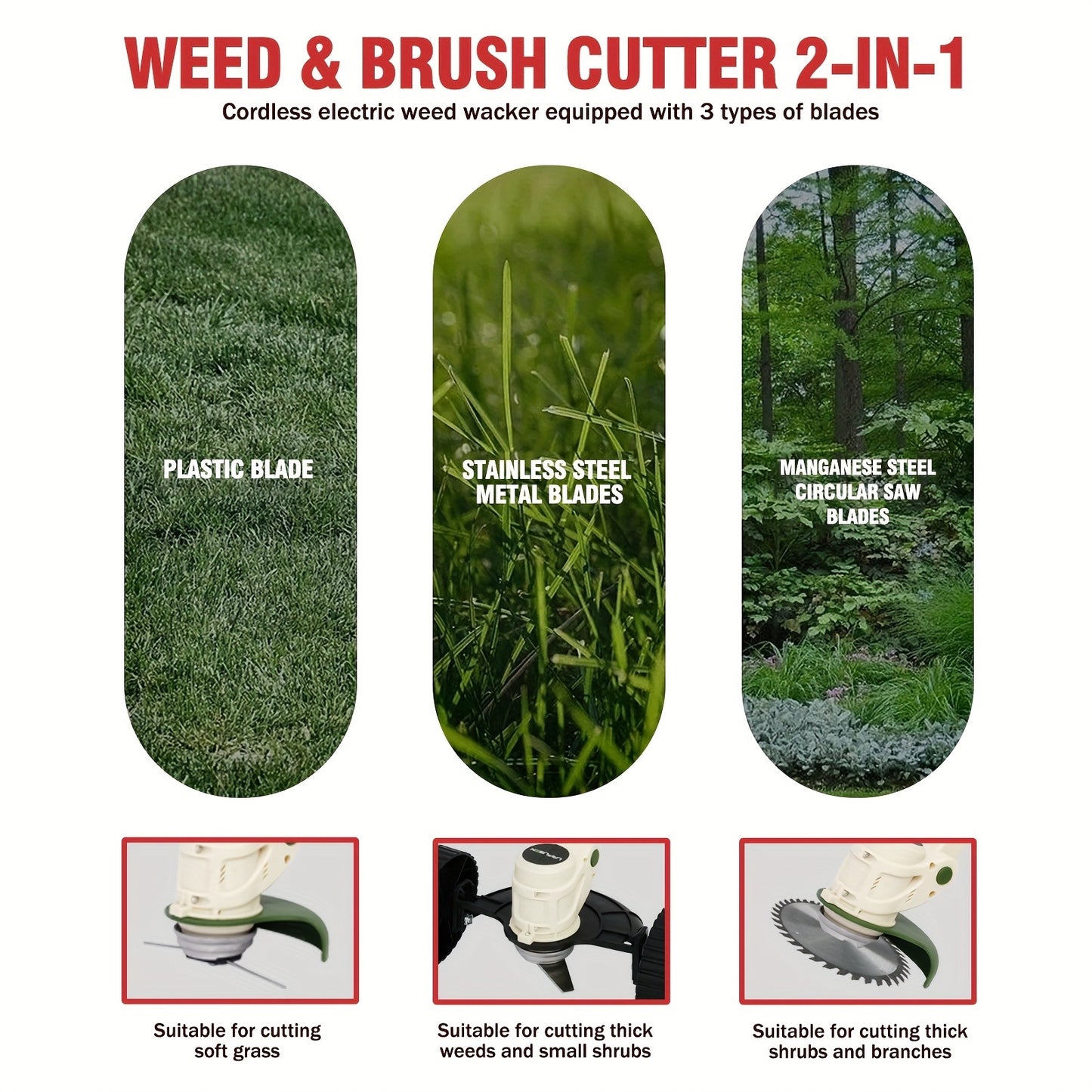 Weed Wacker Cordless 24V Brush Cutter – Electric String Trimmer with 2 Batteries & Charger, 3 Blade Types, Lightweight Battery Powered Weed Eater for Yard, Garden & Lawn Trimming