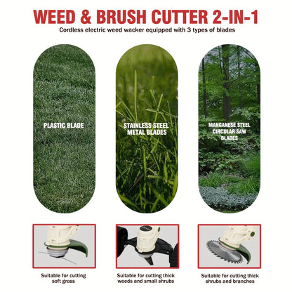 Weed Wacker Cordless 24V Brush Cutter – Electric String Trimmer with 2 Batteries & Charger, 3 Blade Types, Lightweight Battery Powered Weed Eater for Yard, Garden & Lawn Trimming