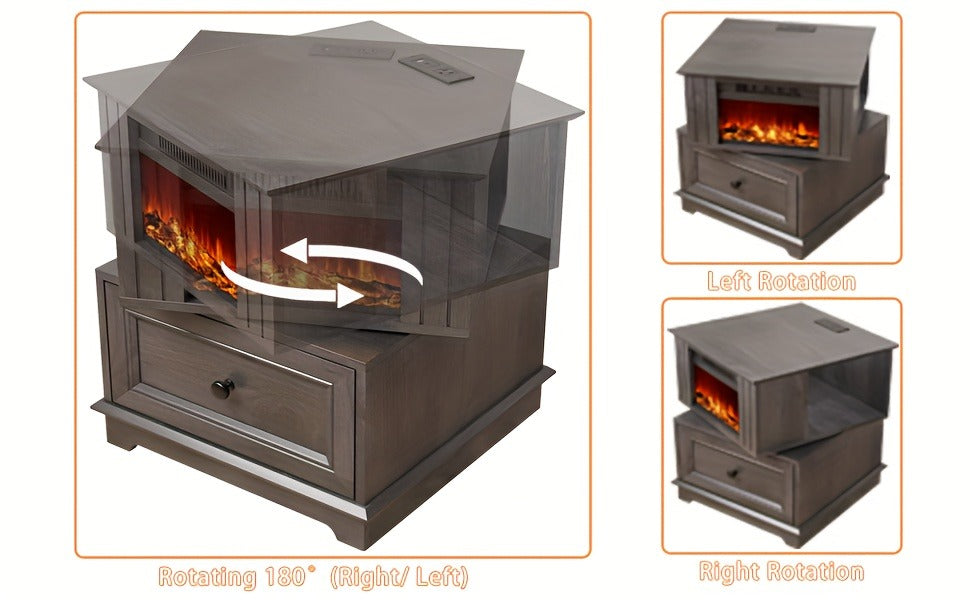 Electric Fireplace End Table Rotating 13-Inch Screen Side Table with Fast Charging Station Storage Shelf for Living Room Bedroom