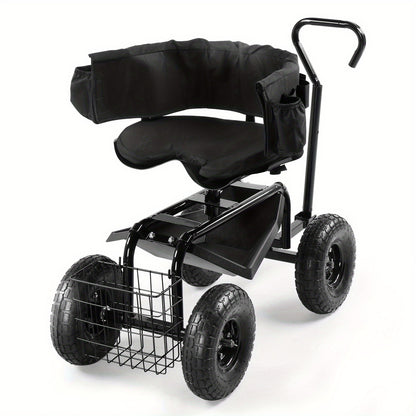 Rolling Garden Seat Cart | Backrest, Cushion, Telescopic Handle & Storage Basket, Steel Frame