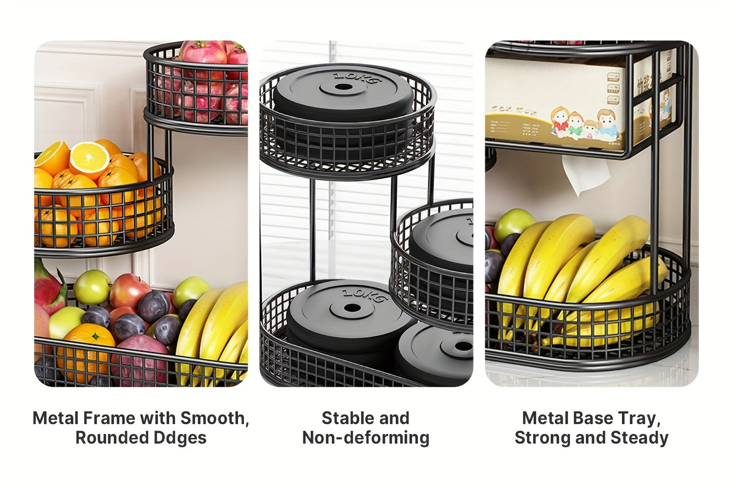 3-Tier Metal Fruit Basket Large Capacity Black Wire Rack | Kitchen Countertop Organizer for Fruits Vegetables Bread Snacks