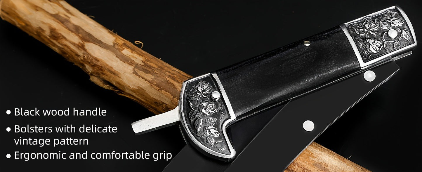 Folding Sickle Stainless Steel Flat Edge Blade with Black Wood Handle & Double Bolsters, Portable Weeding Scythe with Nylon Case for Gardening, Camping and Outdoor Survival