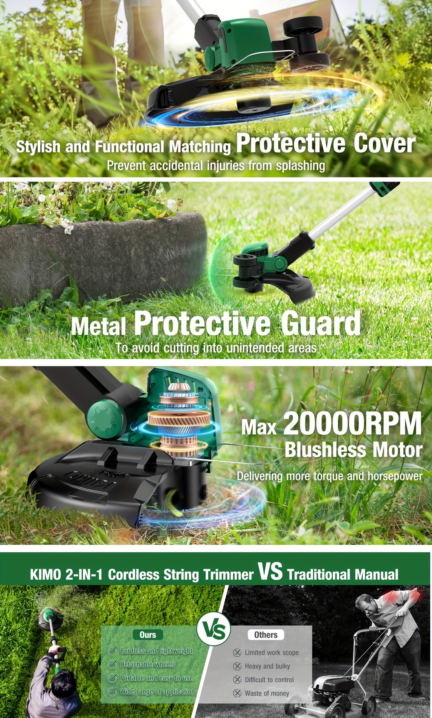 String Trimmer Cordless 2-in-1 Weed Wacker & Lawn Edger with Wheels – KIMO Brushless Motor 20000 RPM, 12" Cutting Width, 2x 2.0Ah Batteries, Lightweight for Yard Garden Patio & Landscaping