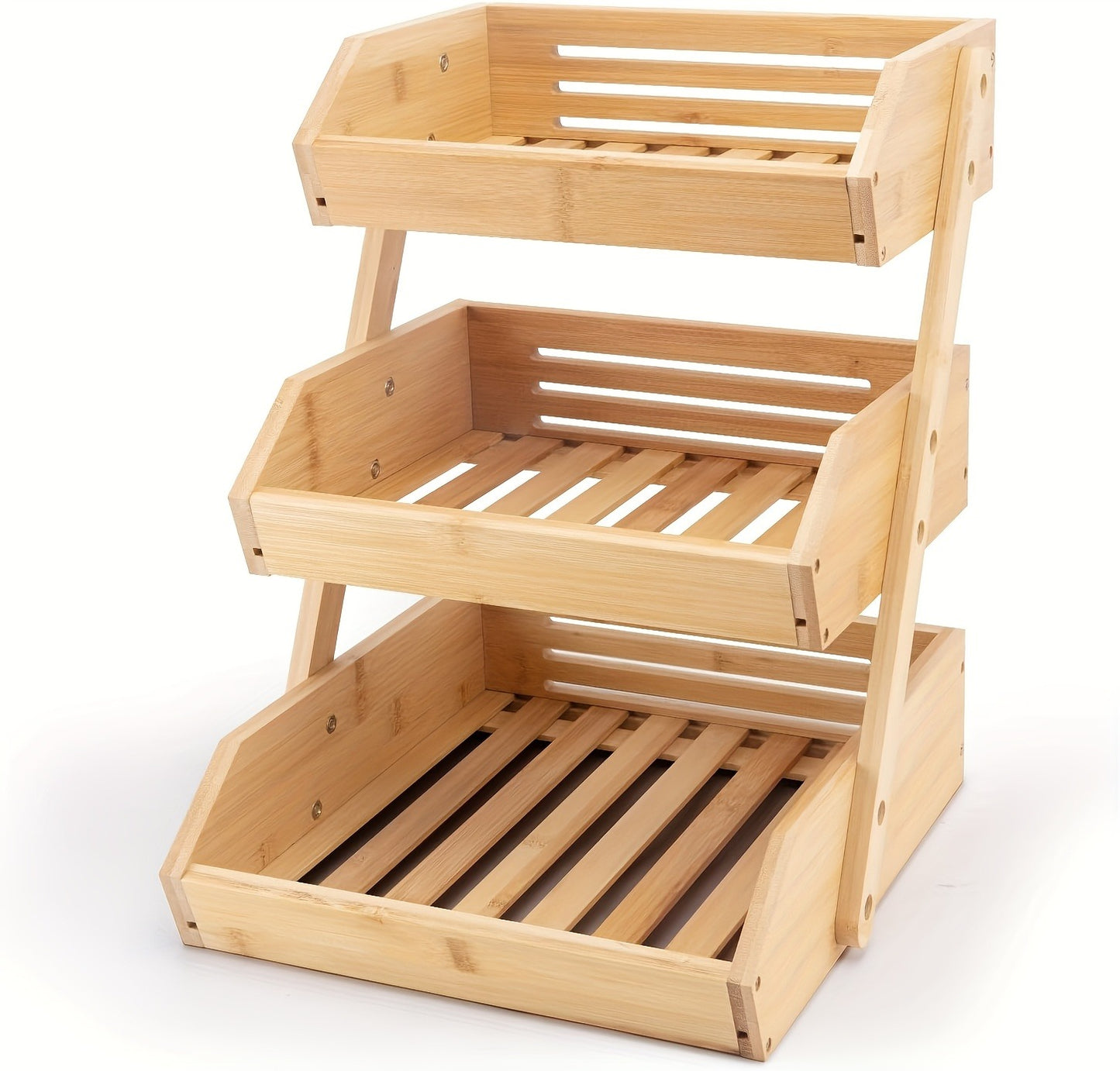 Fruit Basket Stand 2 & 3 Tier Wooden Countertop Organizer Large Capacity Kitchen Storage for Fruits Vegetables Bread Produce with Banana Hooks Natural Wood