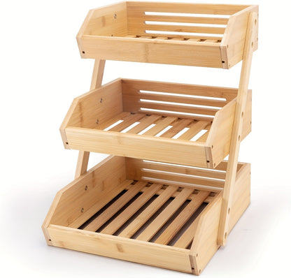 Fruit Basket Stand 2 & 3 Tier Wooden Countertop Organizer Large Capacity Kitchen Storage for Fruits Vegetables Bread Produce with Banana Hooks Natural Wood