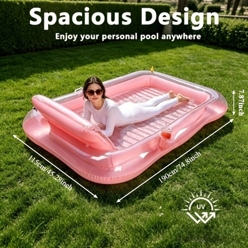 Inflatable Tanning Pool Lounger with Sprinkler | 74"x45" XL Pool Float with Pillow & Cup Holder for Adults