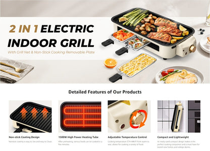 Indoor Smokeless Electric Grill 1500W Non-Stick Raclette Table Grill with Removable Plate & 3 Mini Pans Dishwasher Safe Compact BBQ Griddle