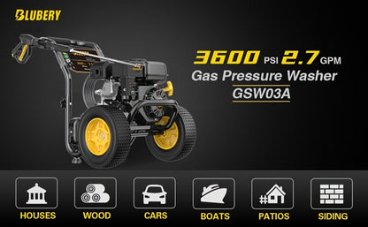 Gas Pressure Washer 3500PSI 2.6GPM 7.0HP 4-Stroke Engine 30-Foot Hose 5 Nozzles Off-Road Wheels Heavy Duty for Siding Driveway Car RV Paint Prep