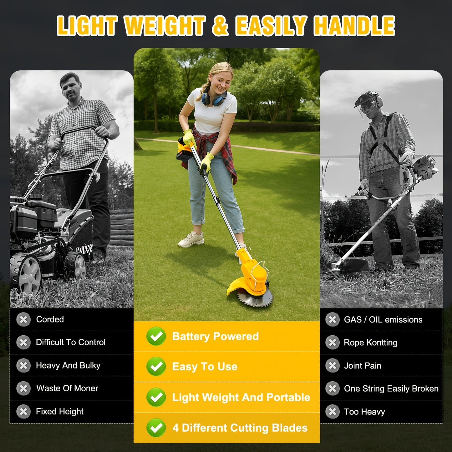 21V Cordless Lightweight Weed Trimmer & Edger. Comes with 1/2 Batteries and Charger. 3-in-1 Cordless Grass Trimmer, Edger, and Brush Cutter. Powerful and Long-Lasting. for Lawn, Yard, and Garden.