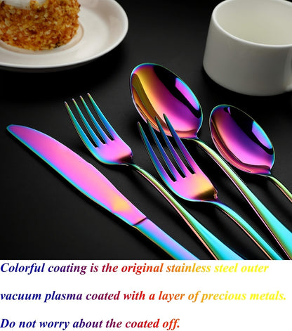 Flatware Set 60 Piece Rainbow Stainless Steel Cutlery 430 Mirror Polish Dishwasher Safe Knife Fork Spoon for Camping Picnic Travel Party Outdoor Dining Serves 12
