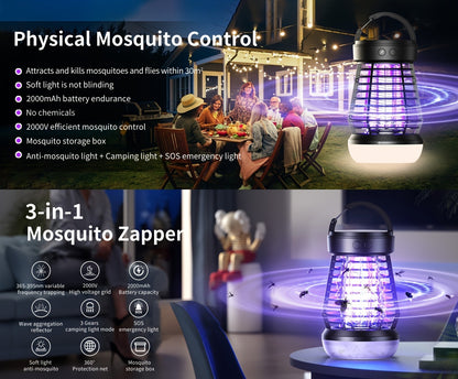 Bug Zapper Rechargeable 3-in-1 with UV Light & 2000V Electric Grid – Portable Mosquito Killer for Indoor & Outdoor Use, 2000mAh Battery, SOS Light, Garden, Yard, Camping, Bedroom