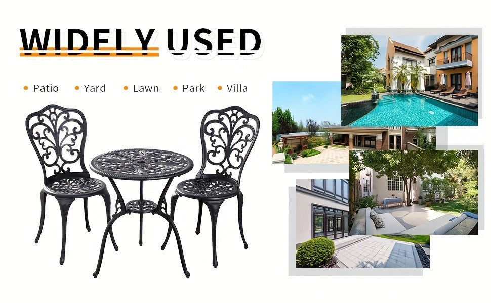 Patio Bistro Set 3 Piece Cast Aluminum Outdoor Table and 2 Chairs with Umbrella Hole All Weather Front Porch Balcony Furniture Set Black